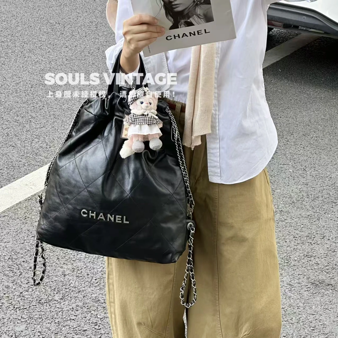 95新 Chanel/香奈儿 黑银牛皮 22bag双肩包大号/601693150