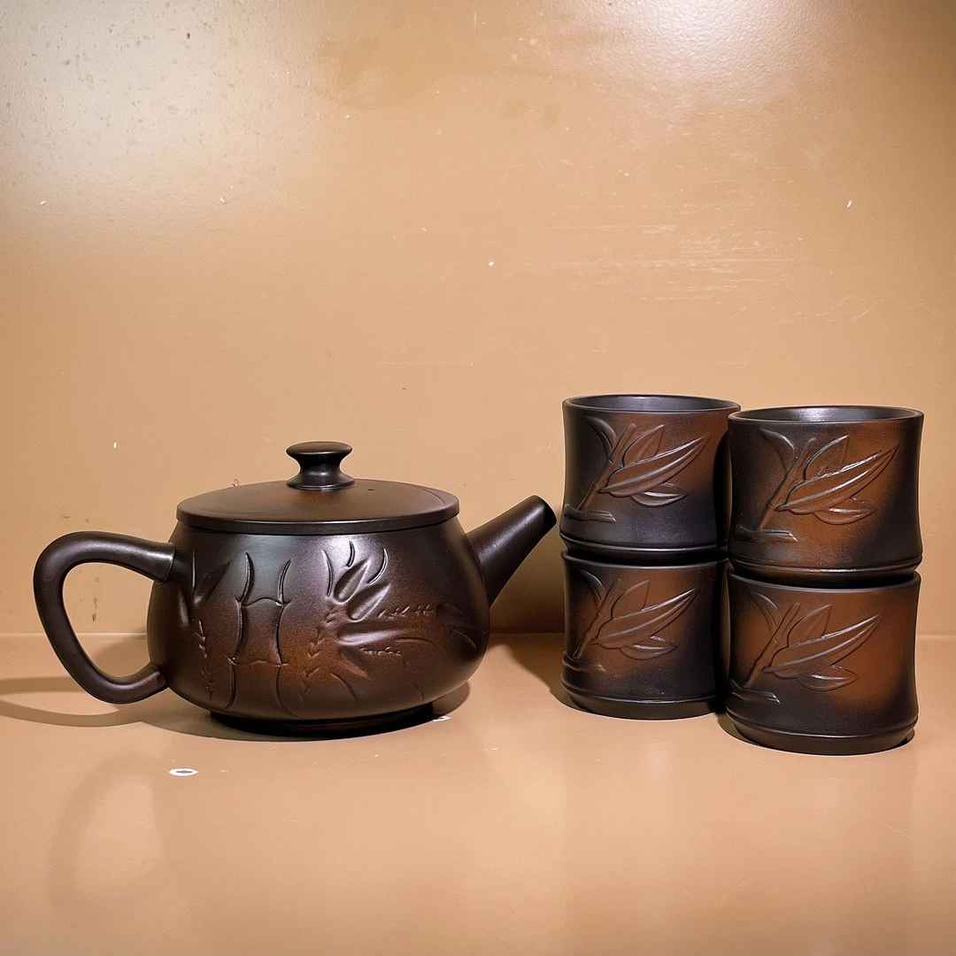 紫陶汉瓦茶壶浮雕竹节凤鸣壶一壶四杯D225