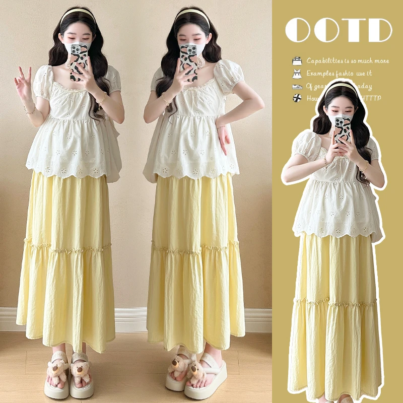 懒洋洋~大码时尚孕妇装2025夏季甜美刺绣娃娃衫上衣+托腹半裙