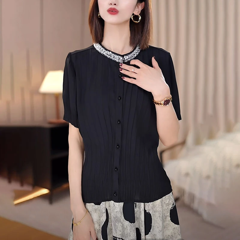 立领黑色衬衫女士夏季2025宽松型显瘦洋气减龄设计感休闲短袖上衣