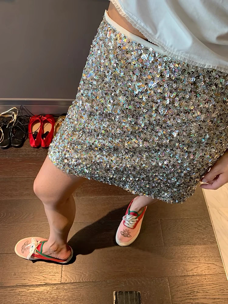 亮片春夏半身裙穿搭女2024年新款设计感小众A字裙