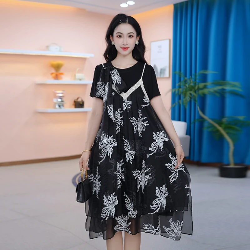 【连衣裙】夏季新款时尚修身法式洋气气质显瘦减龄宽松连衣裙