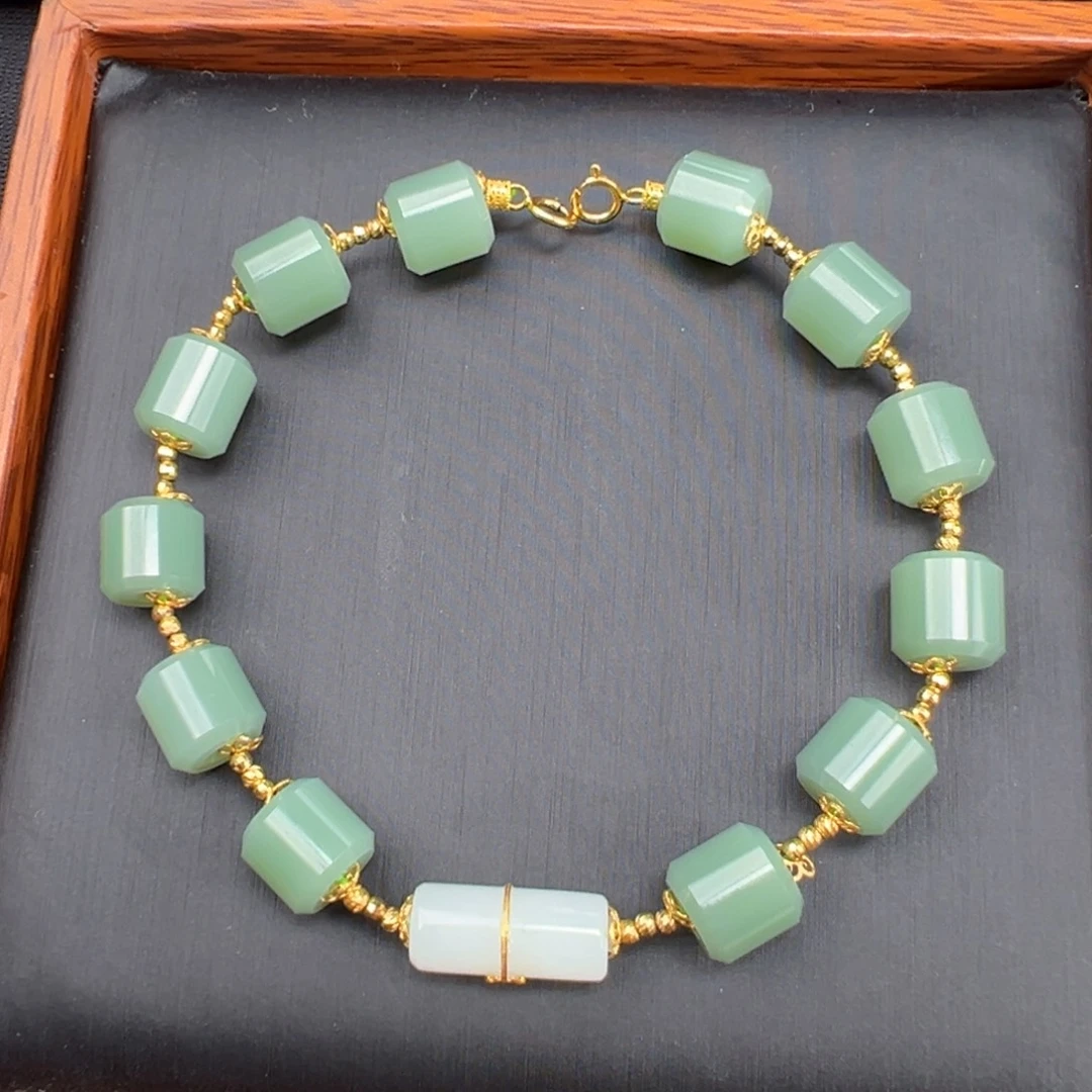 和田玉未镶嵌手链粉青无暇老料桶珠手链