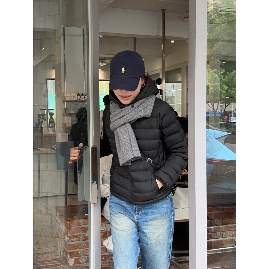 YANGLE_短款羽绒服女2025年冬季新款韩版轻薄连帽排骨白鸭绒外套