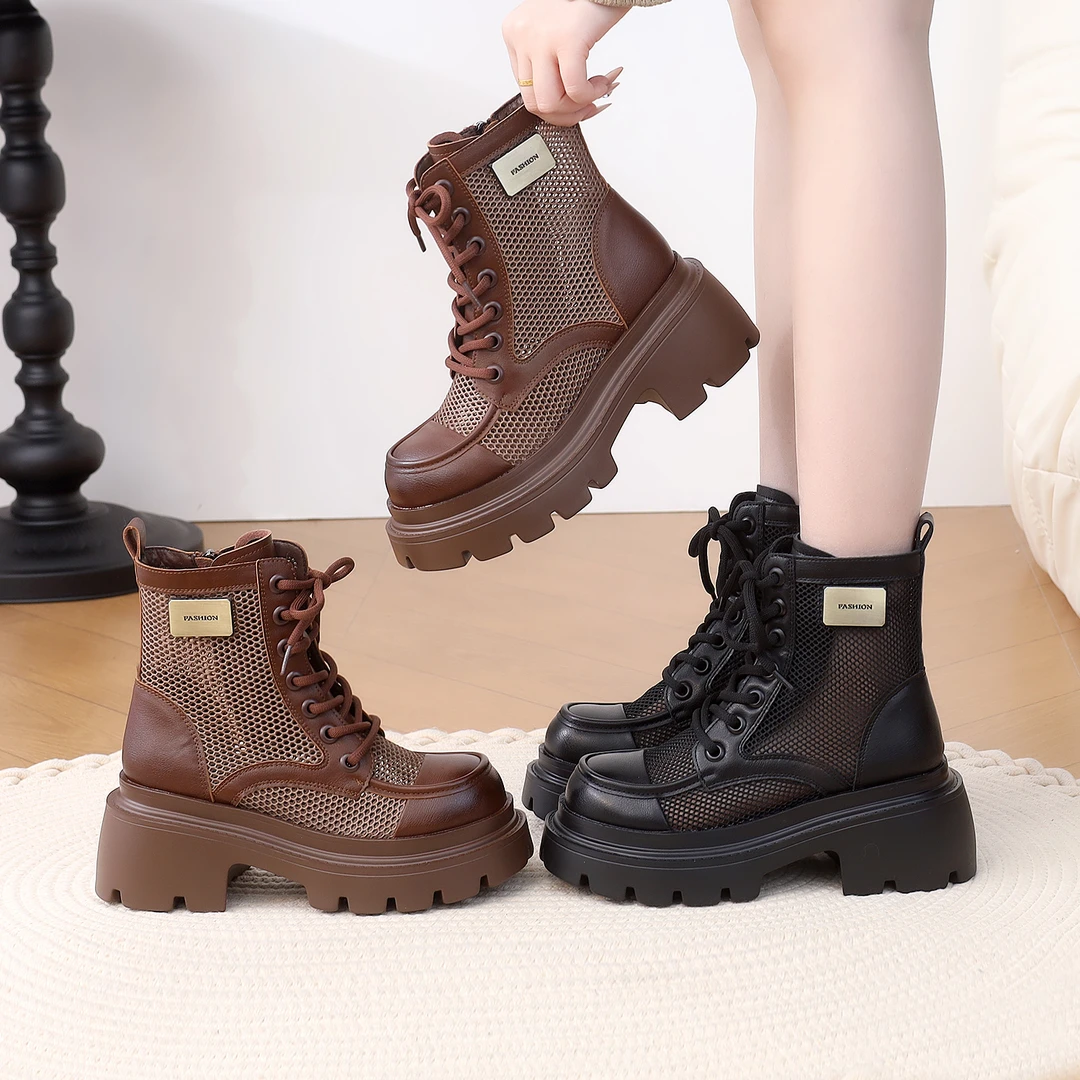 2025春夏款新款7厘米高跟显腿长增高显瘦时尚马丁靴英伦风网面