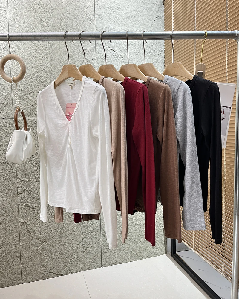 特！透气又显瘦！竹节棉~美式休闲V领排扣长袖T恤 5103 女装 H5208