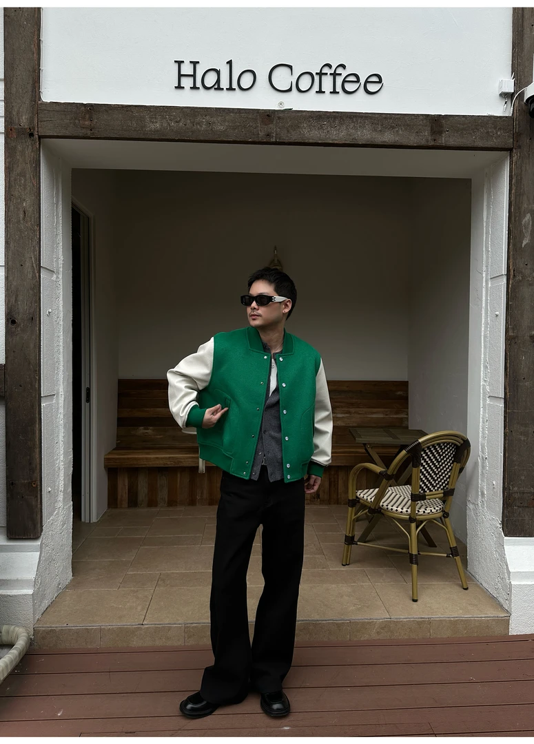 AUSTINBEAUTY【25aw】绿白精纺羊毛海岛绒混纺棒球服夹克外套