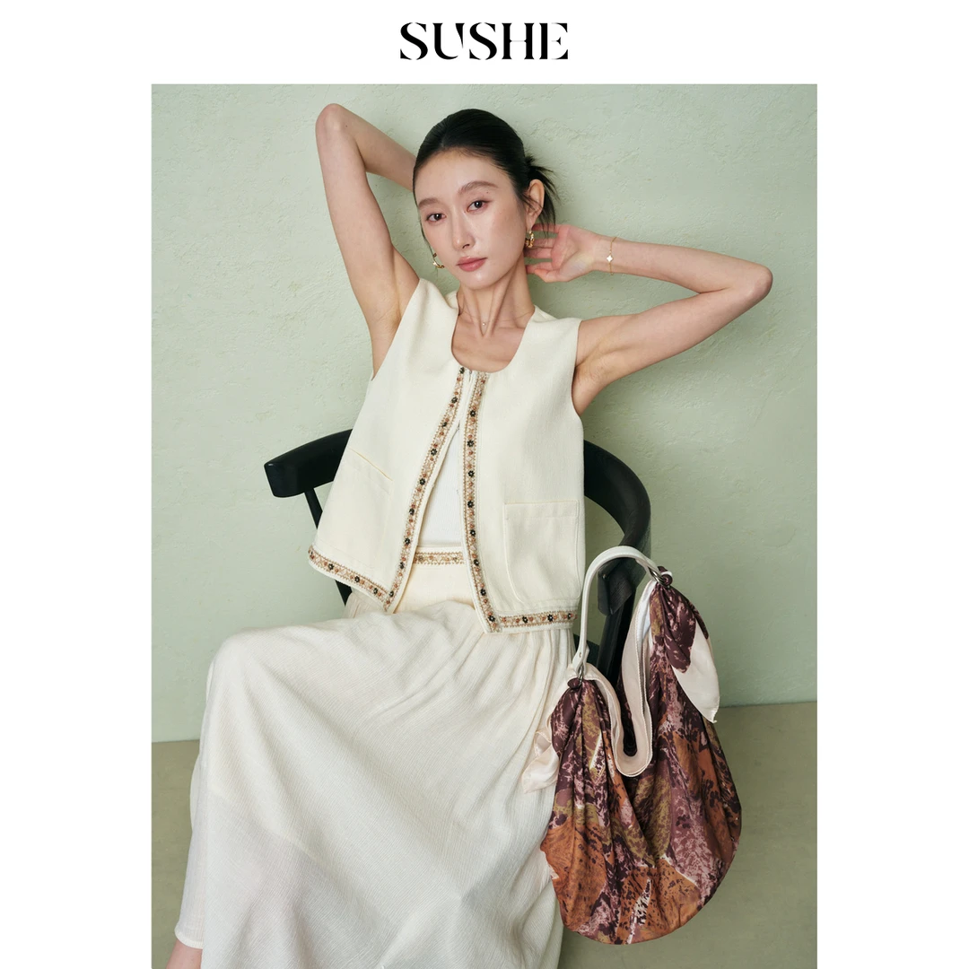 束皙SUSHE 风棠 波西米亚风亚麻双色编织肌理马甲抽褶半身裙套装