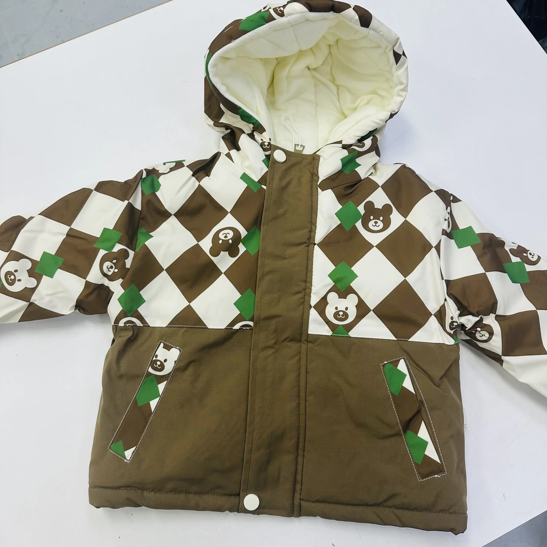 【实体同源】儿童秋冬时尚冲锋衣外套-咖色棋盘格小熊