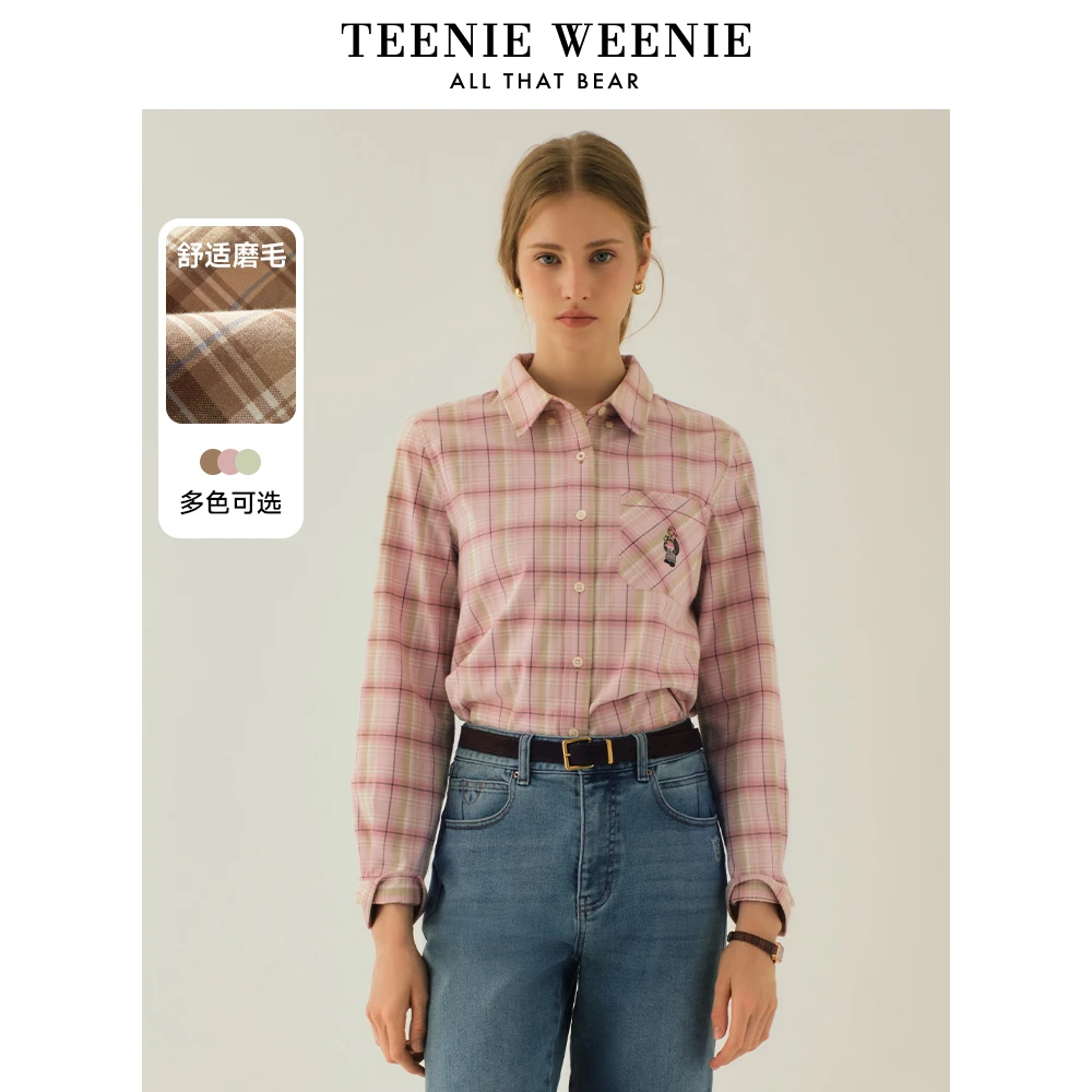 TeenieWeenie小熊卡通格纹衬衫女2024冬季新款女衬衣TTYC248V05H