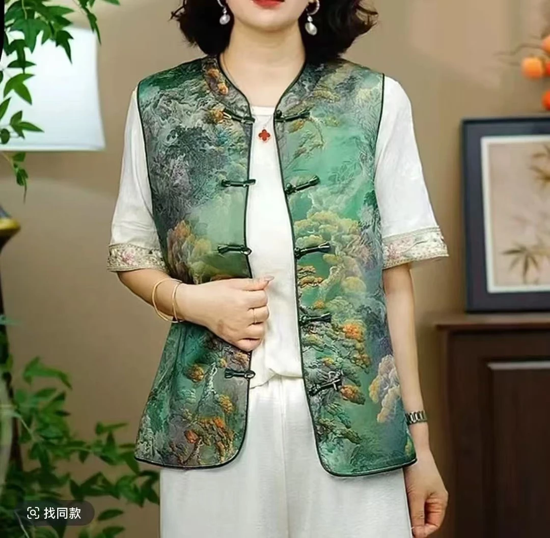 透气单排扣女提花民族风外搭马夹双面中式上衣夏季