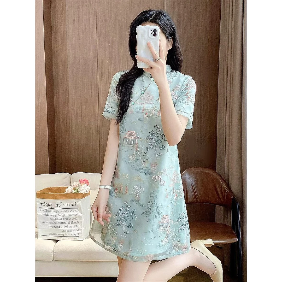 改良旗袍夏季新款高端气质年轻款国风新中式刺绣宽松连衣裙女