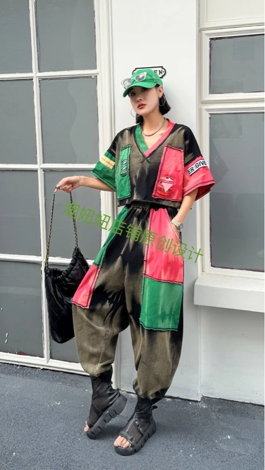 轻奢印花网衫短袖宽松显瘦休闲设计感半袖夏季松紧腰哈伦裤套装