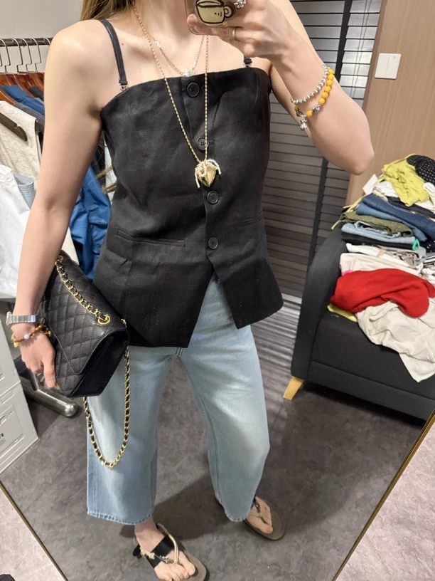 【思含】纯色百搭亚麻吊带背心