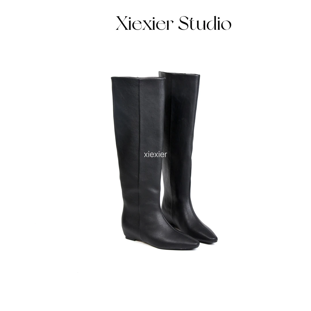 谢喜儿 | 复古及膝内增高长靴真皮版本时尚高筒靴靴