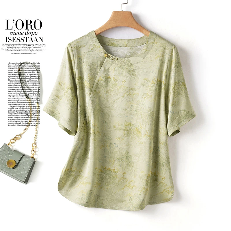 女装文艺夏季时尚斜襟短袖小衫桑蚕丝复古印花衬衫圆领新中式上衣