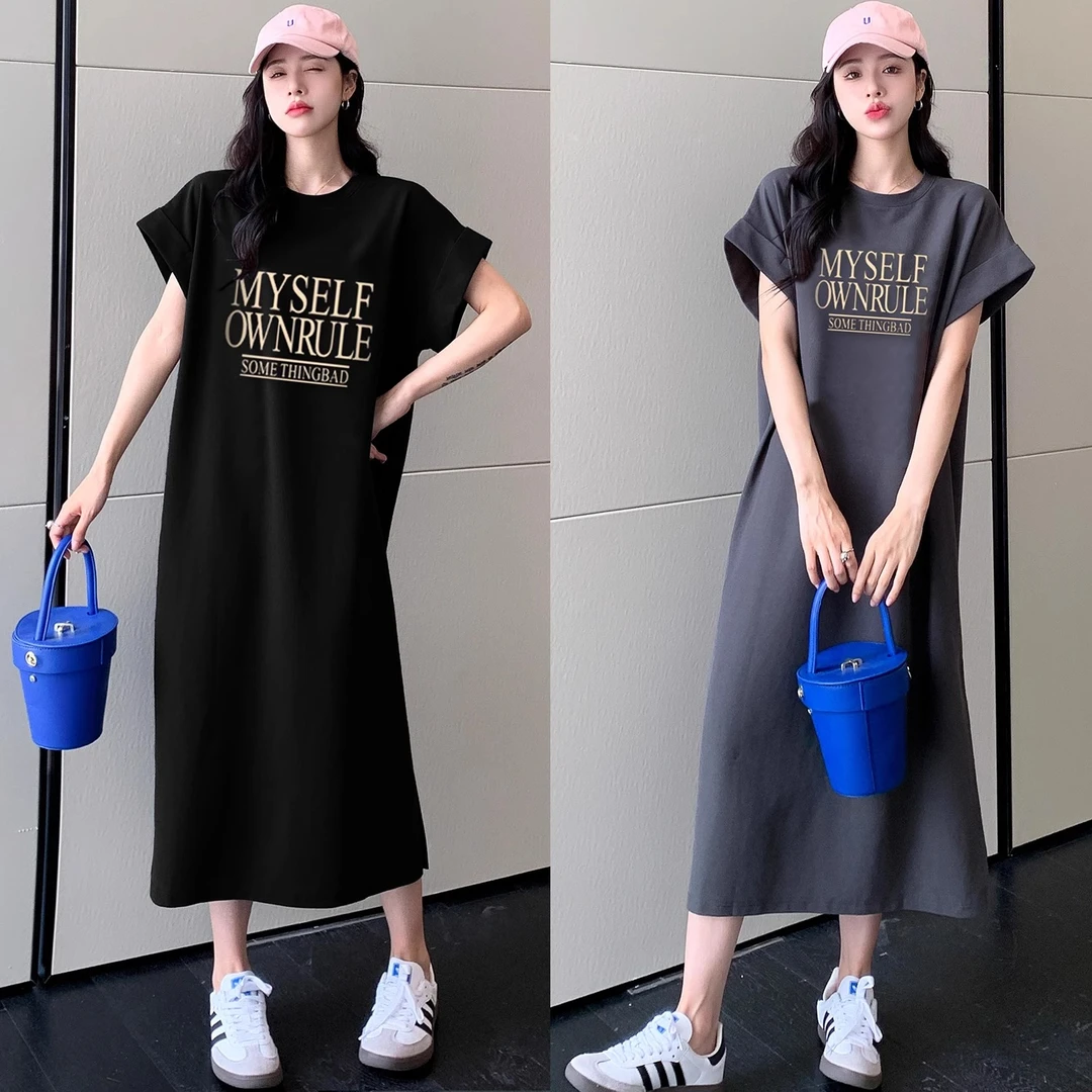 2025新款飞飞袖T恤长裙女宽松休闲大码连衣裙黑色长裙夏季