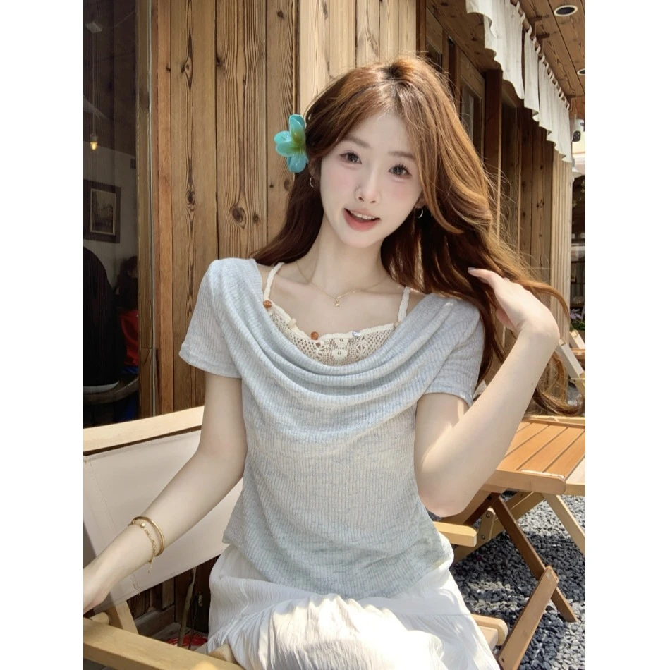 【现货】大码法式假两件短袖T恤女设计感露肩上衣胖MM显瘦甜美上衣