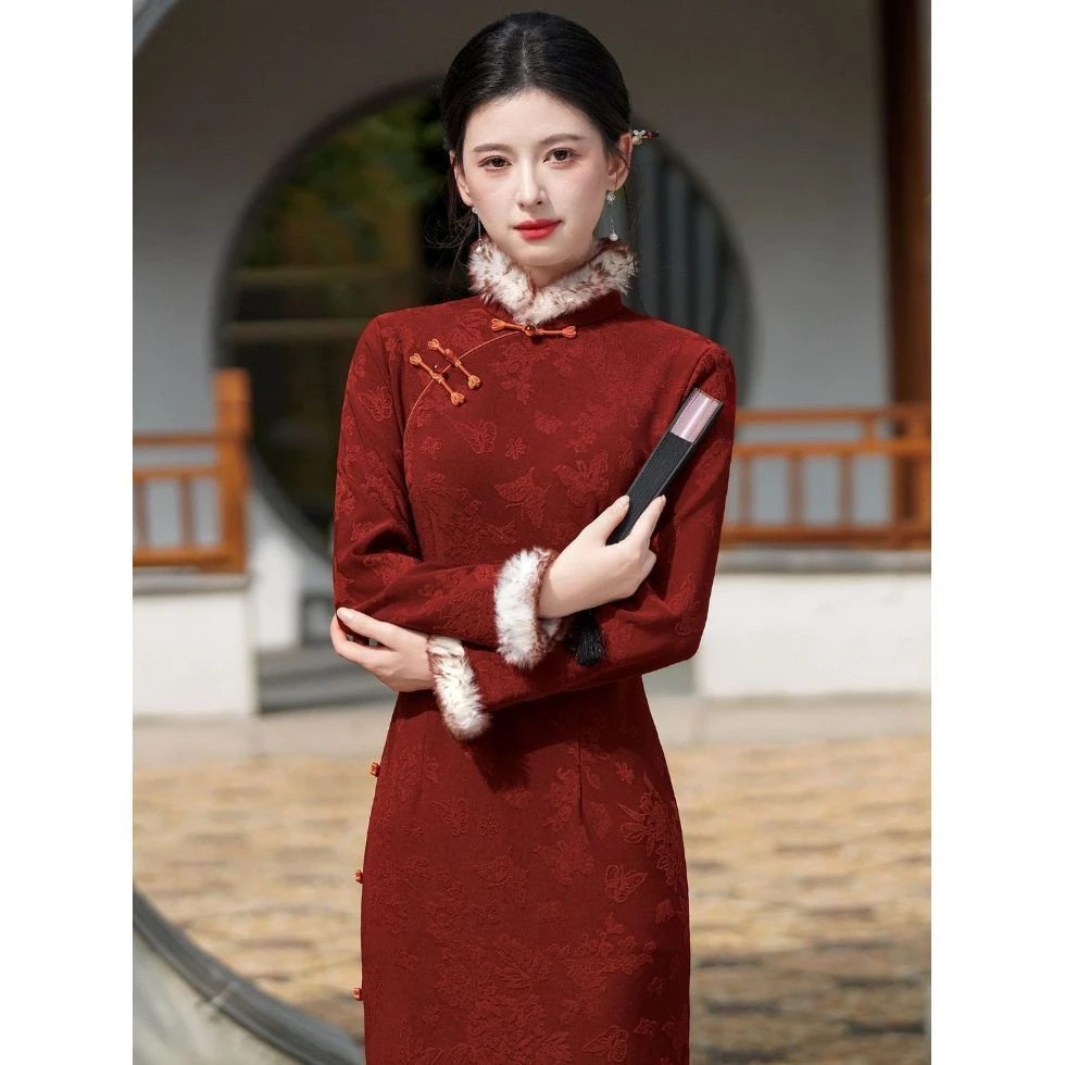 画报夫人红色秋冬小个子加厚缇花旗袍女新中式2025新款高端大气上