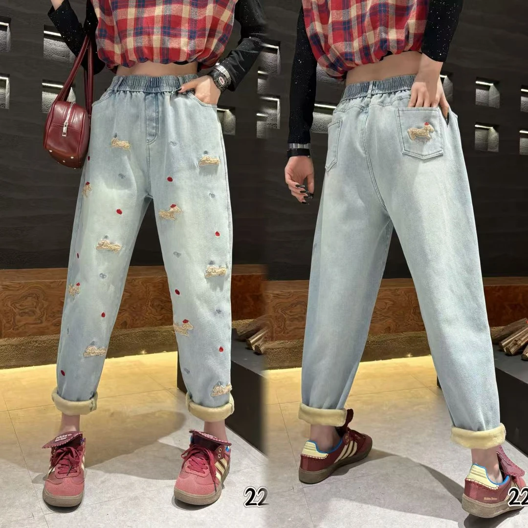 潮秀儿家大码冬季显瘦加绒腊肠狗牛仔哈伦裤2292-1