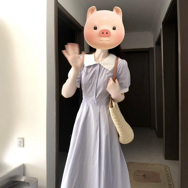 法式气质POLO领短袖连衣裙女学院风中长款软妹甜美公主A字裙子潮