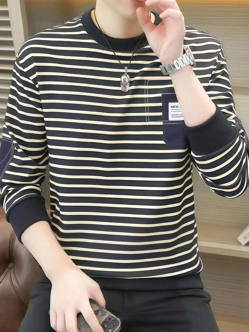 高档拼接卫衣男士秋冬新款时尚条纹保暖上衣百搭潮流男休闲打底衫