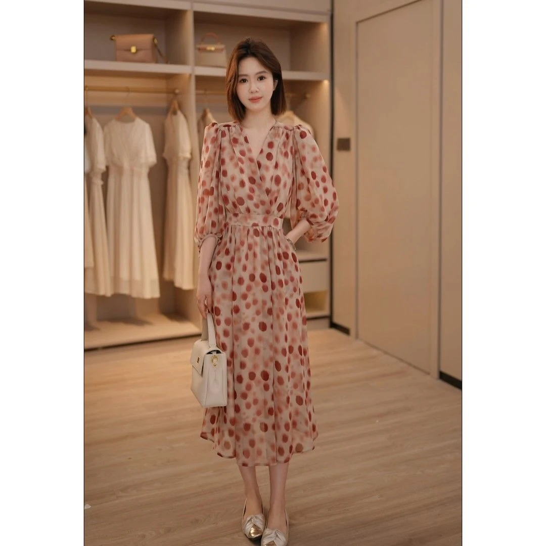 法式波点高级连衣裙女2025夏季新款气质韩版长裙收腰显瘦时尚裙子