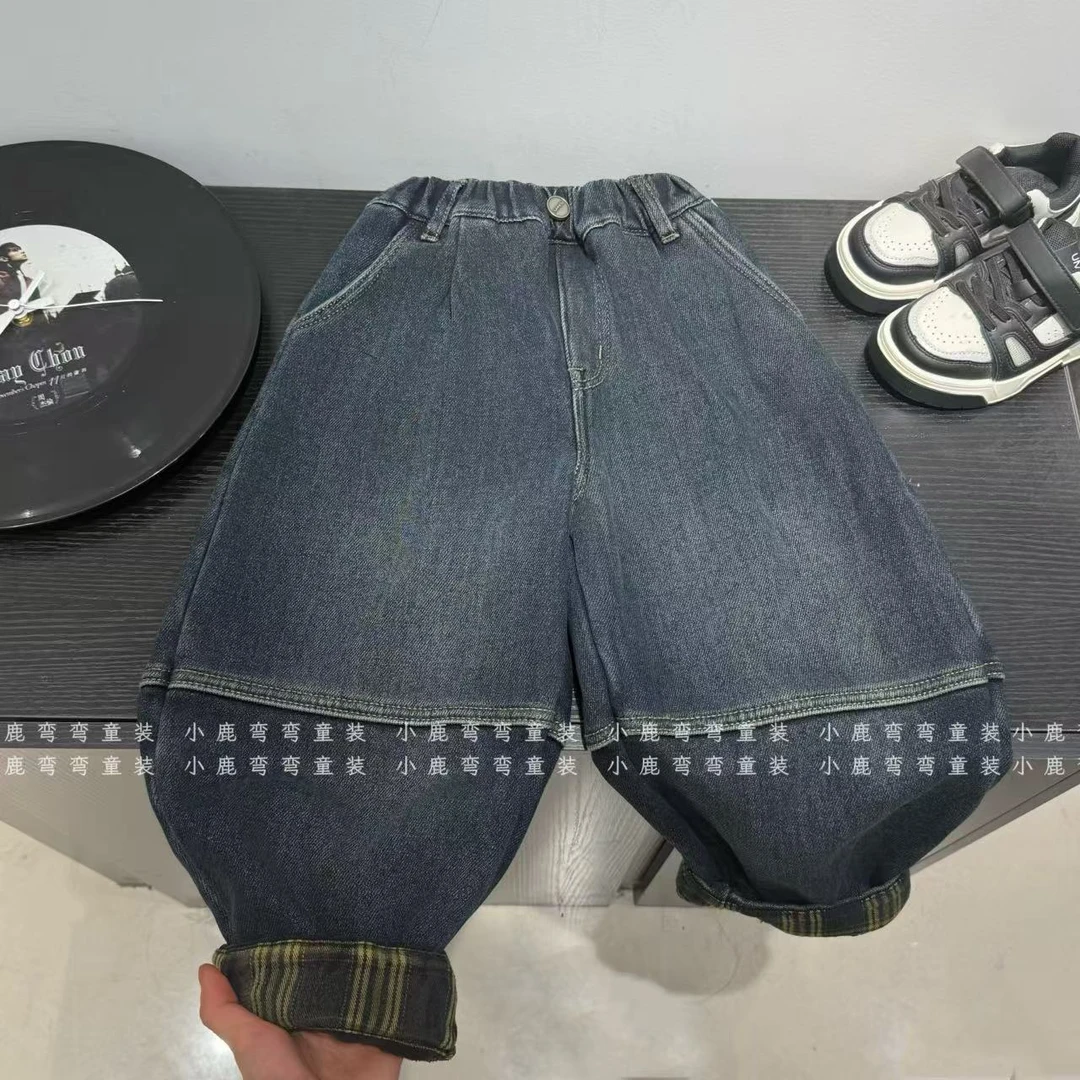 D007男童净版2025新款加厚一体绒灯笼牛仔裤