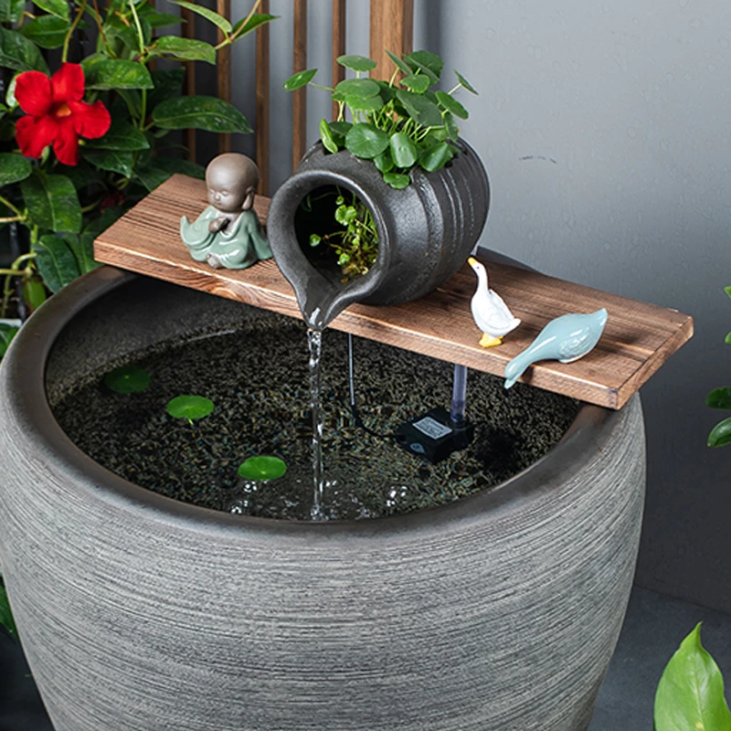 古法养鱼缸造景石槽陶瓷鱼缸陶罐水循环流水喷泉摆件装饰鱼缸过滤