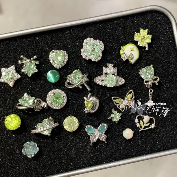 钛钢锆石耳饰 MAW 绿色系合集/钛钢百搭设计感耳钉耳骨钉