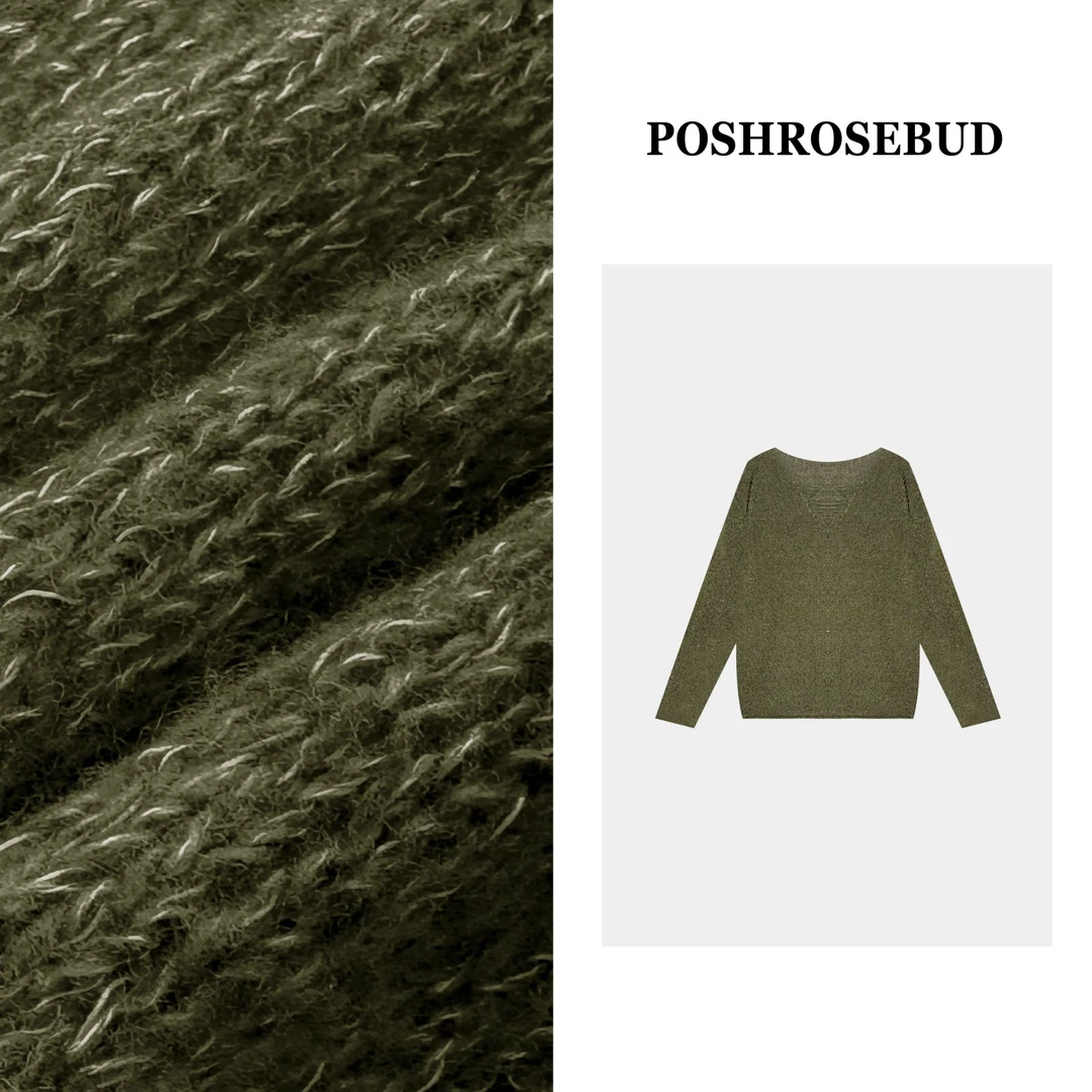 POSHROSEBUD设计师秋季绵羊毛V领微透细闪慵懒百搭针织衫-259295