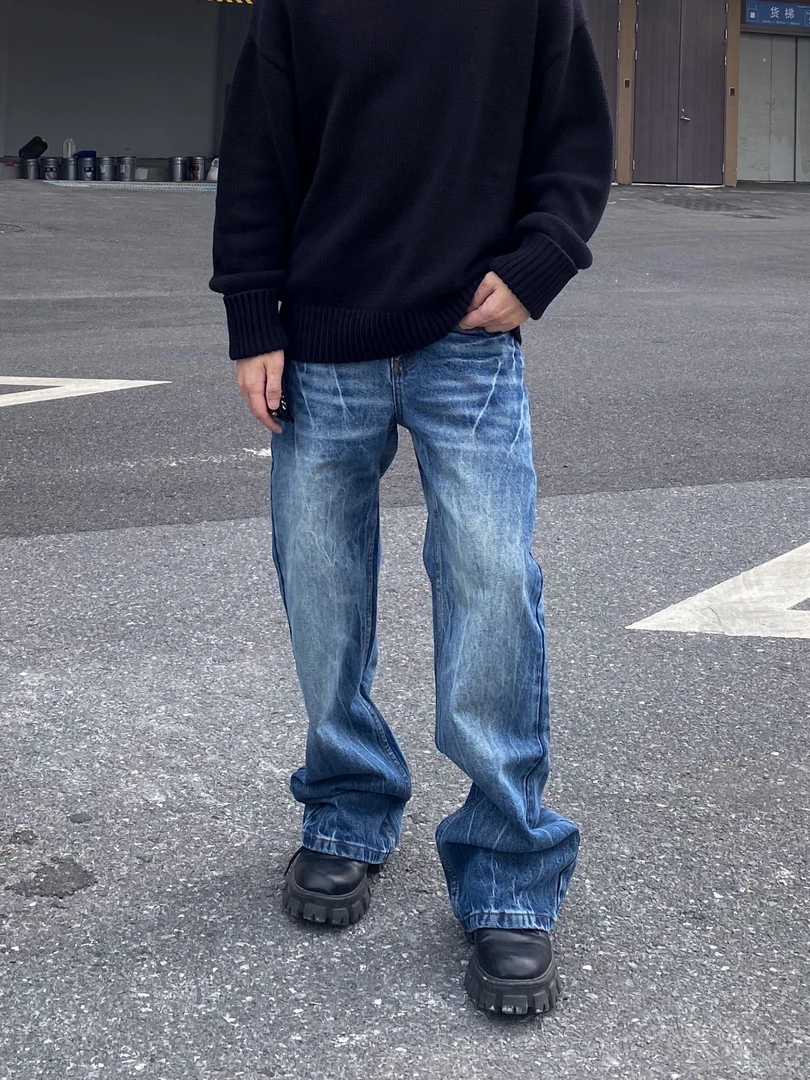 ZLAYCO美式高街vibe闪电爆裂纹蓝色牛仔裤男潮直筒微喇显瘦裤子