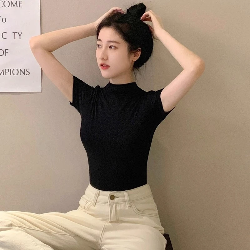 拉夏贝尔黑色莫代尔半高领短袖T恤女春夏冰丝中领薄款上衣紧身半