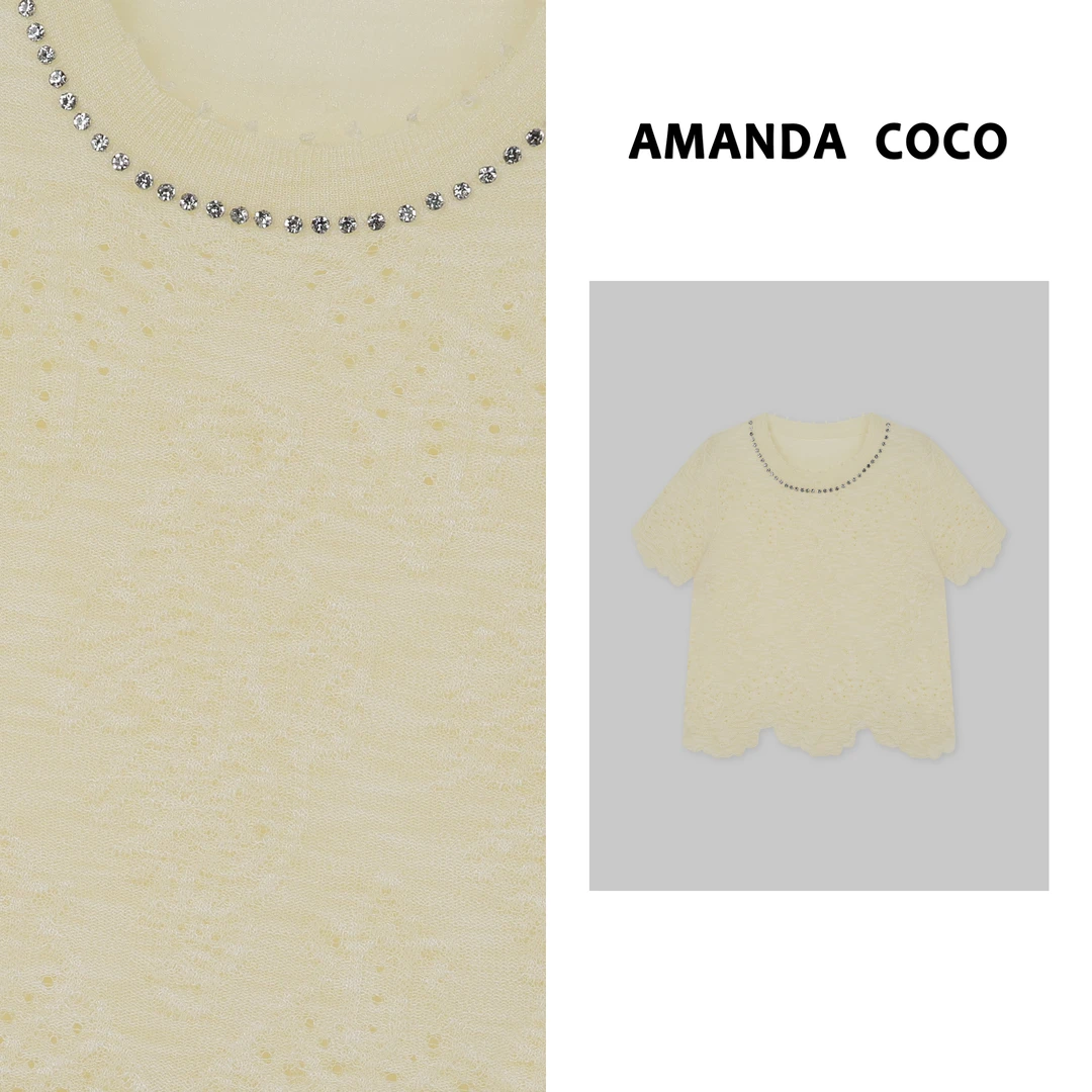 灿灿# 夏日轻彩～夏季钉钻提花小镂空设计感波浪边短袖针织衫