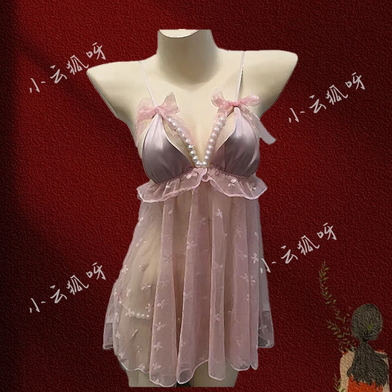 珠串睡裙（80-125斤）吊带睡裙珍珠性感蕾丝网纱透肤精致迷人019