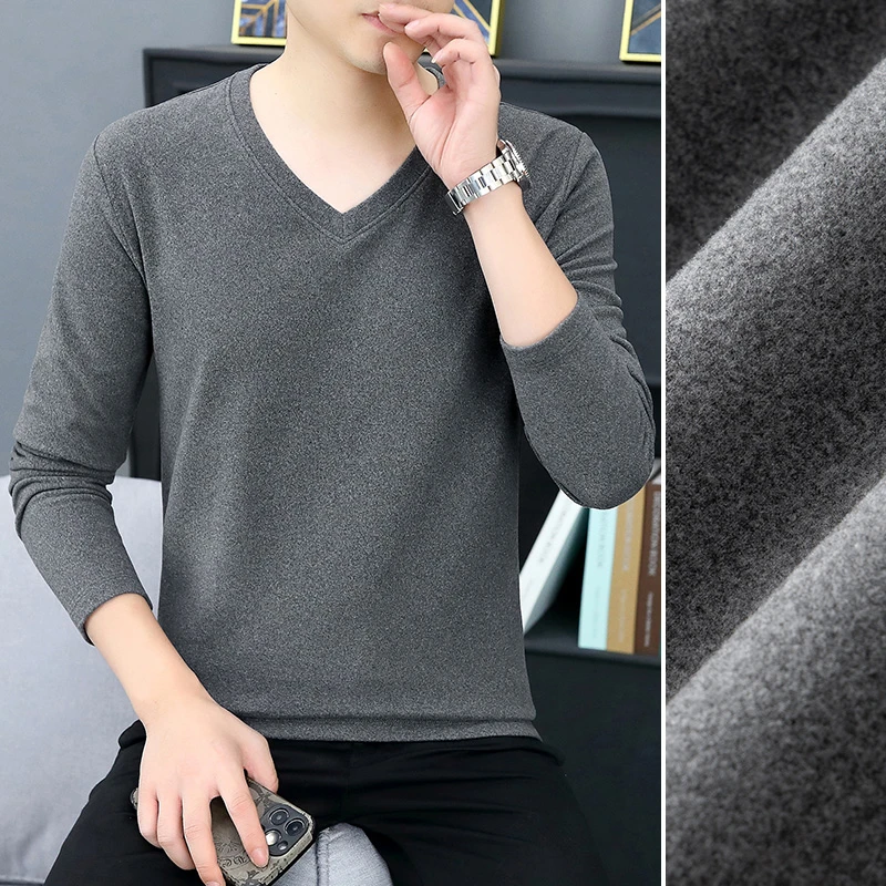 秋冬双面绒V领男士长袖t恤自发热加绒加厚新款男打底衫保暖体恤