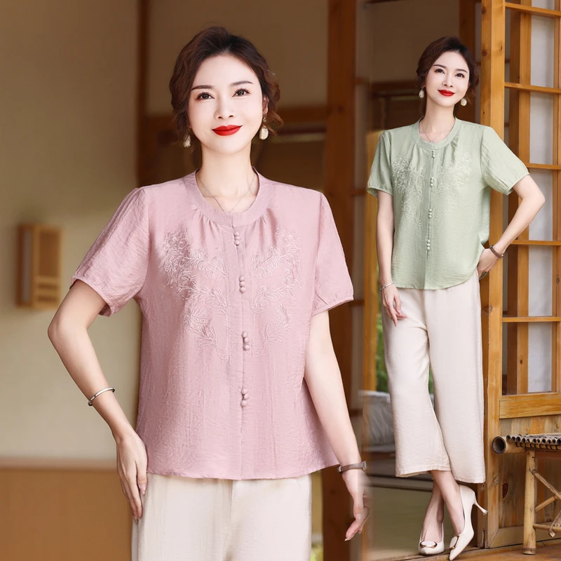8900夏季中老年妈妈年轻50-60套装小衫T恤新中式女衬衫国风上衣