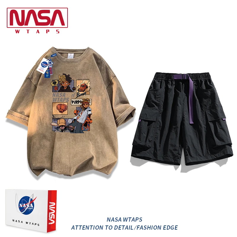 NASA WTAPS潮牌短袖短裤套装男女夏季薄款宽松休闲运动t恤两件套