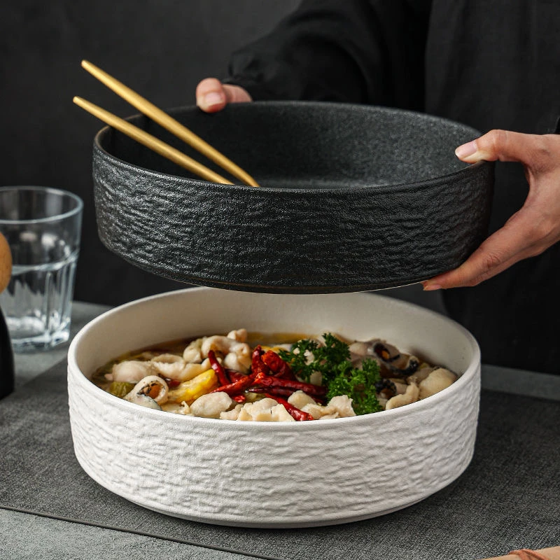 日式大号汤碗纯色法式简约黑白深汤盘浮雕石纹酸菜鱼碗毛血旺干锅