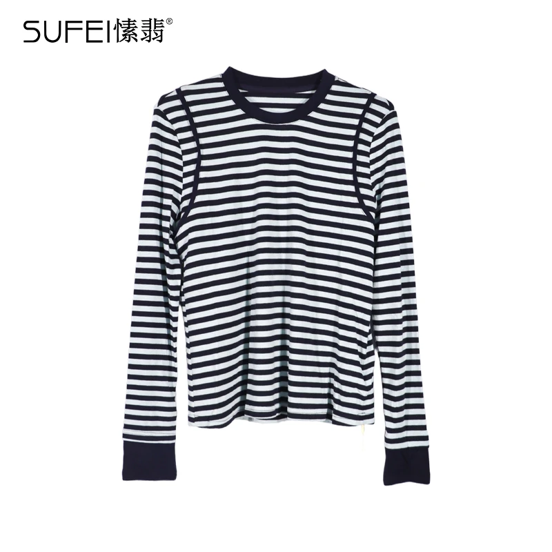 SUFEI/愫翡S53XS1057A条纹极简风T恤女士撞色显瘦1057