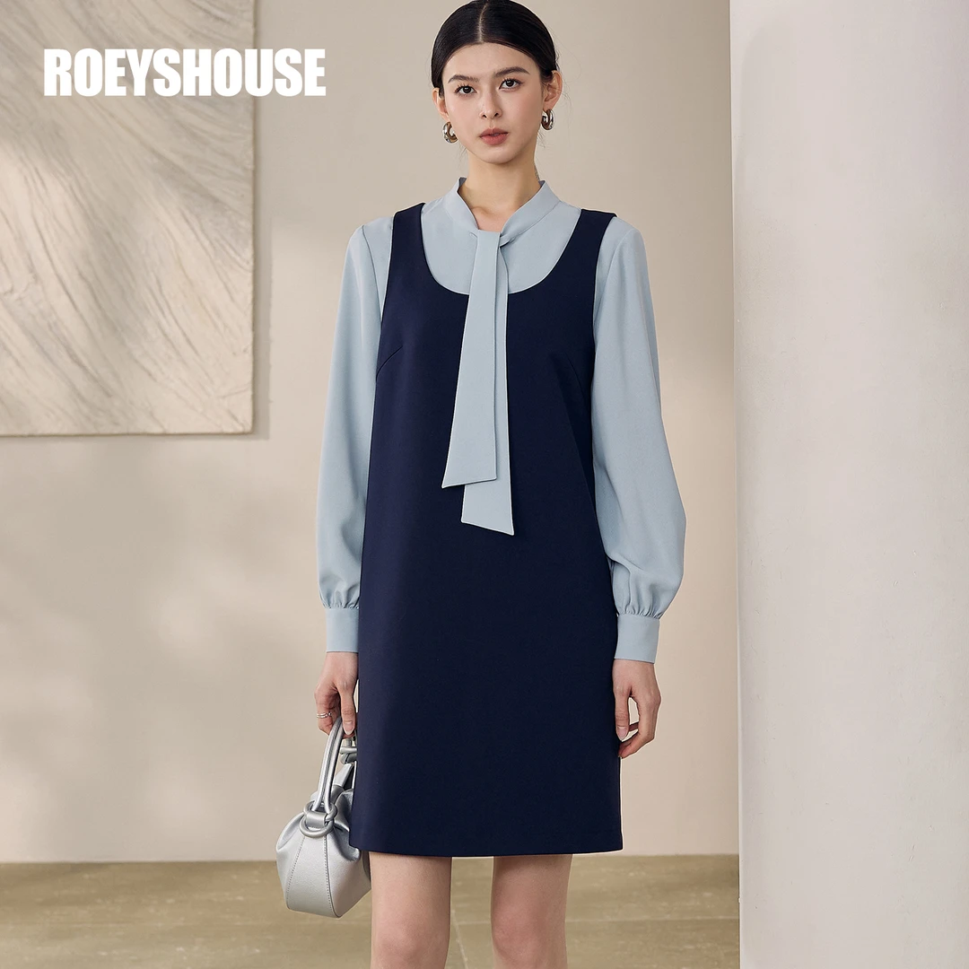 【RH】罗衣时尚拼接飘带连衣裙2025秋季新款气质假两件直筒裙12616