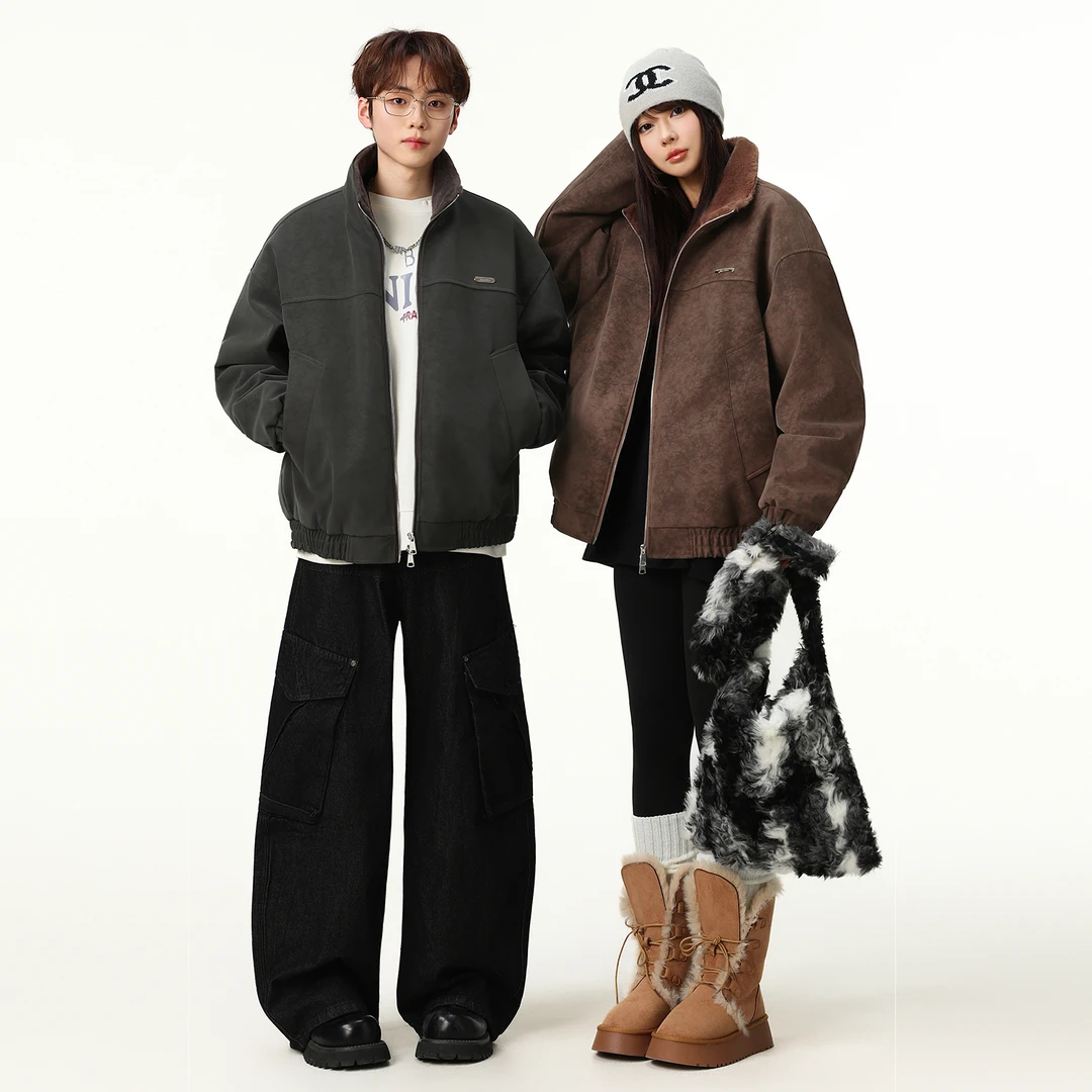 MANRE SHOW冬季新款加绒加厚皮夹克男潮流显瘦潮流保暖座山雕外套