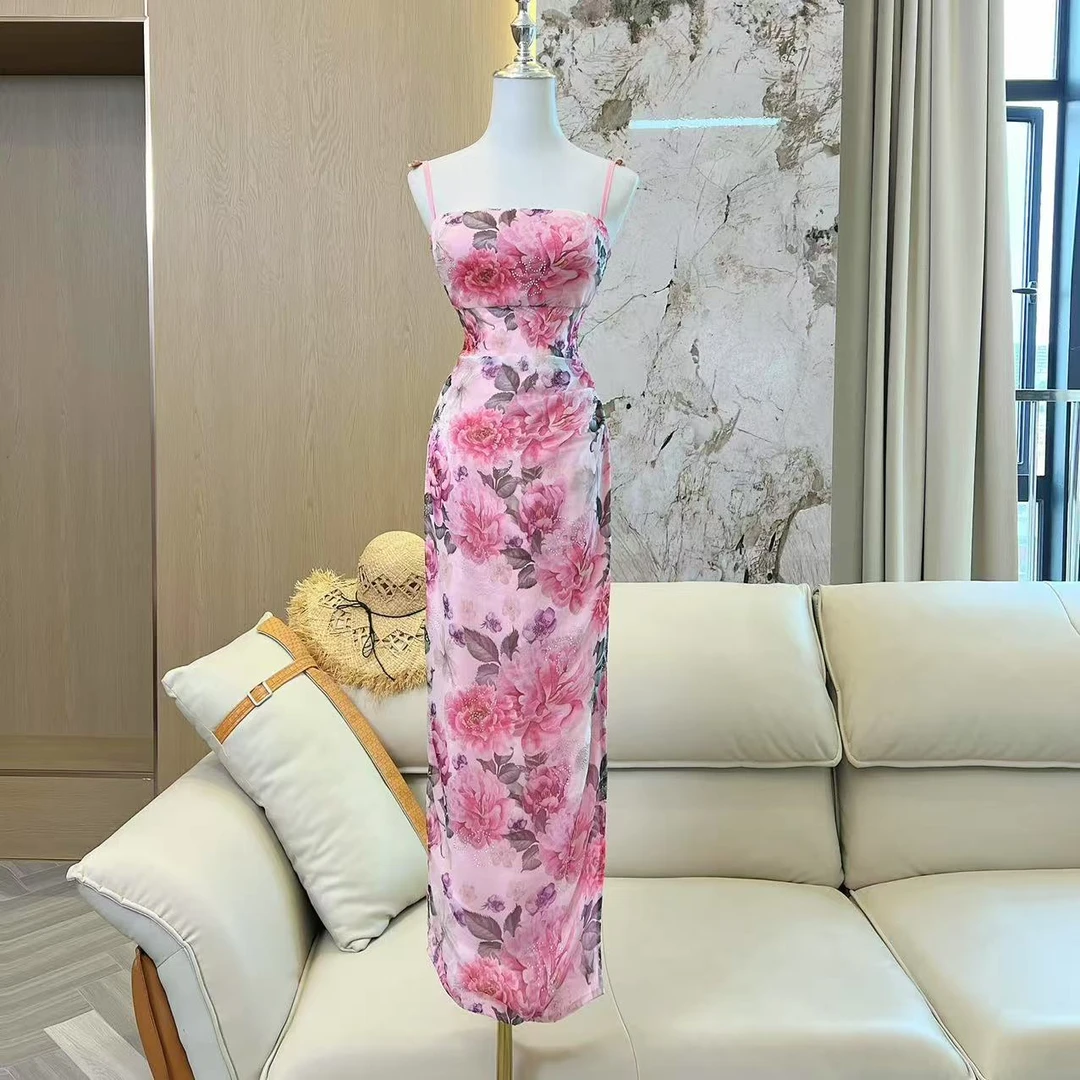 BECHARMING「娇野芍药 」时尚吊带修身性感风印花收腰连衣裙Q0979