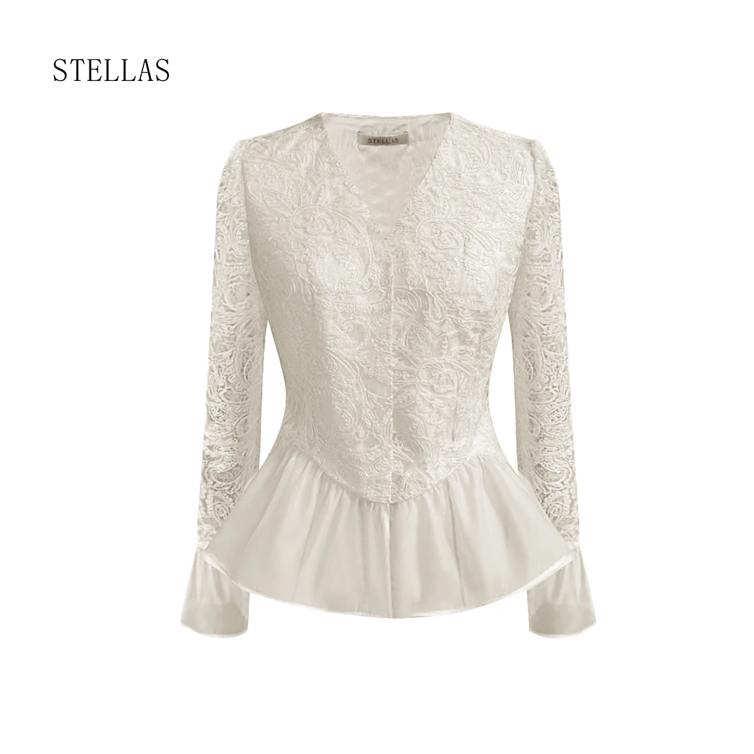 STELLAS 【温莎往事】法式重工拼接勾花镂空蕾丝衬衫
