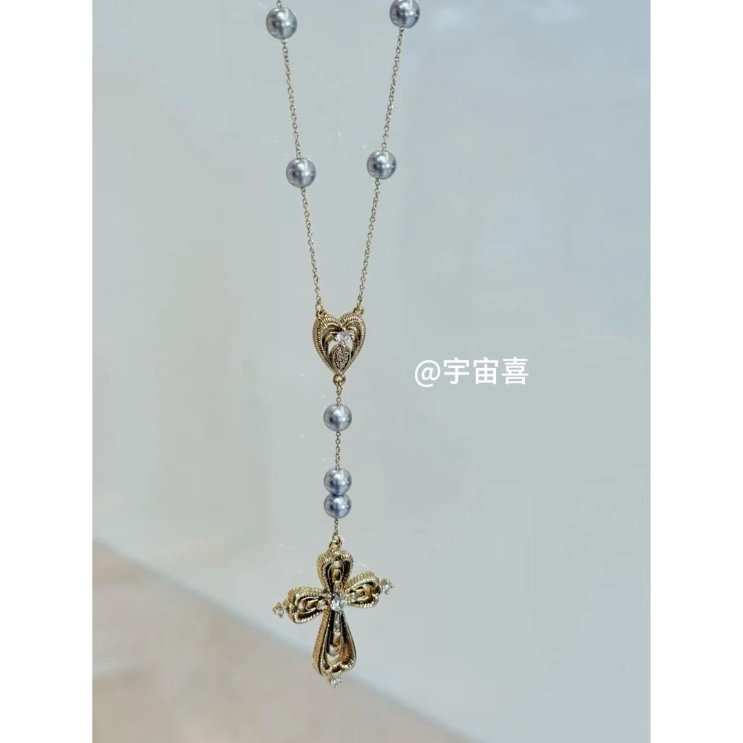 铜合金仿珍珠项链  J2-070【浅金色y字十字架灰贝珠项链】