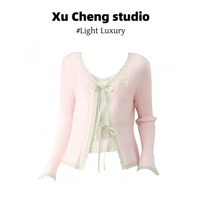 Xu Cheng垂感休闲裤粉色蝴蝶结系带长袖针织衫温柔风好看毛衣外套