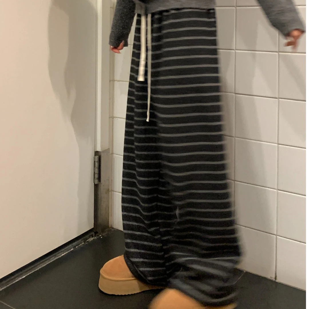 奶兔星球-自制 冬季新款慵懒风加绒厚款条纹休闲裤D24S0029W