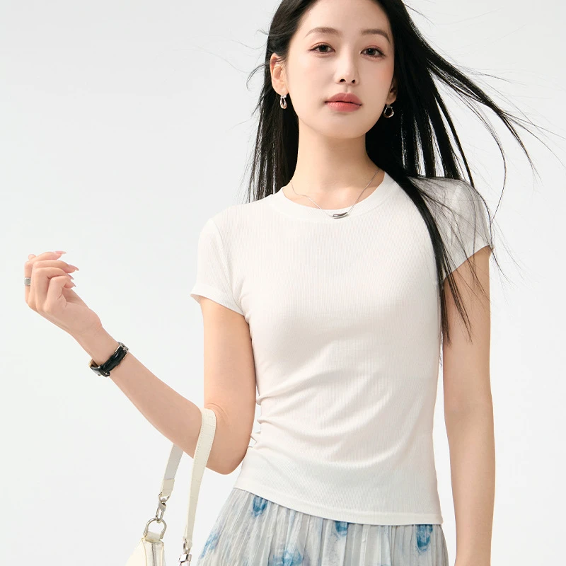 韩版简约针织短袖T恤女夏季新款小众设计感修身百搭圆领纯色上衣