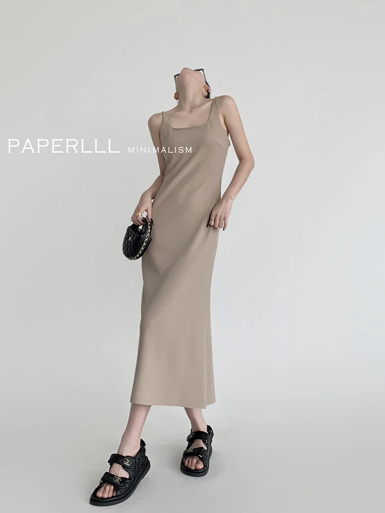6.5  P0608Q3204方领背心吊带连衣裙女弹力修身款收腰长裙简约款