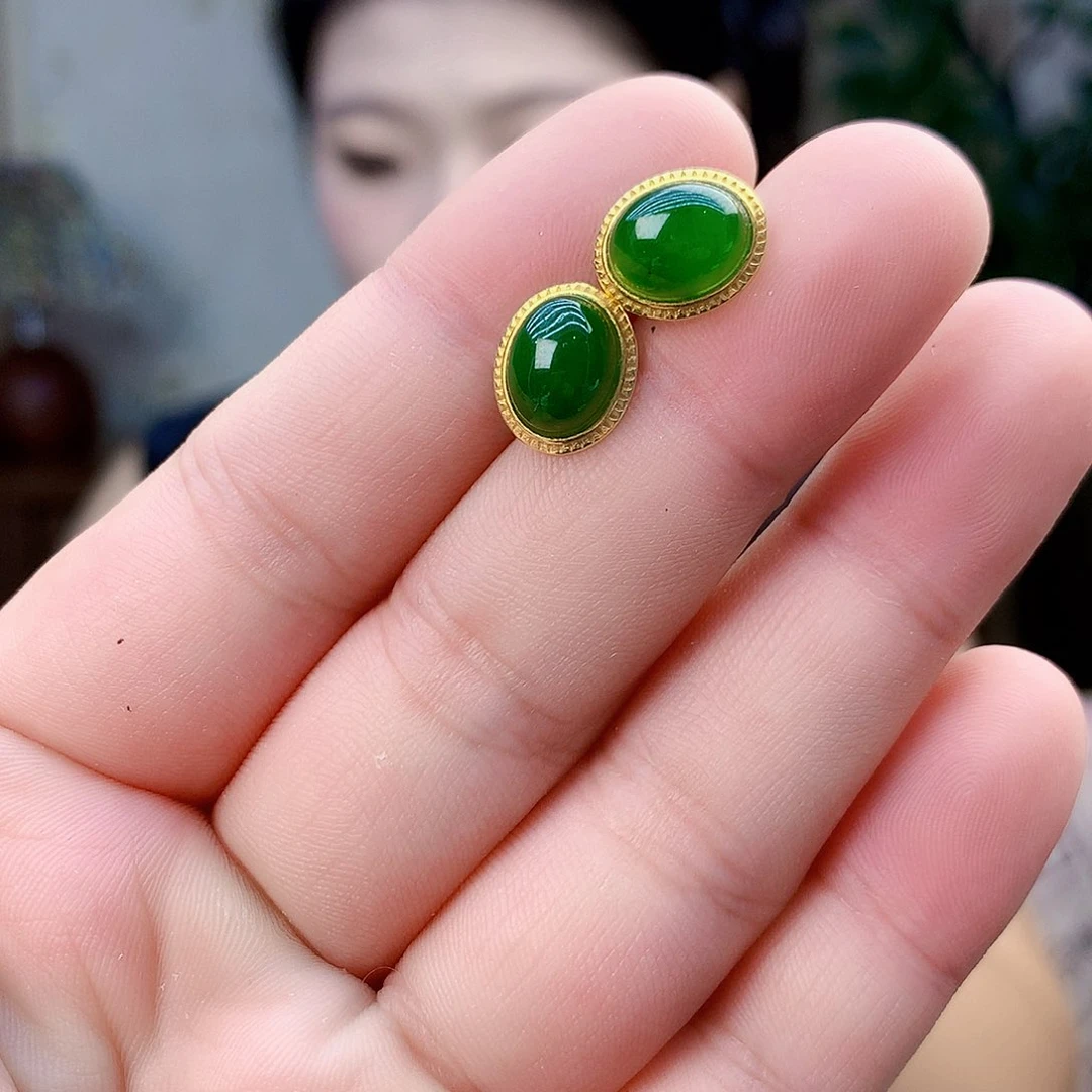 吊坠(不含链)银S925镶嵌和田玉（碧玉）耳钉